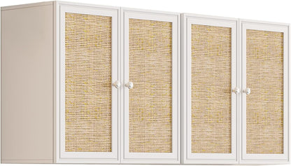 Laundry Room Cabinets with Lights, 24INCH Bathroom Cabinets Wall Mounted with Adjustable Shelves, Rattan Wall Cabinet for Bedroom, Kitchen, Bathroom (2PCS, White)