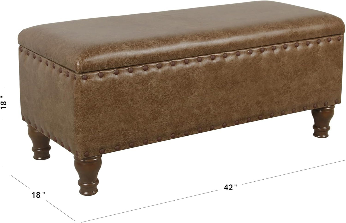 Homepop Home Decor | Upholstered Bench with Nailhead Trim | Large Faux Leather Ottoman with Storage for Living Room & Bedroom | Decorative Home Furniture, Brown Faux Leather