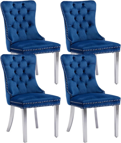 Modern Velvet Upholstered Dining Chairs Set of 4 - Tufted Back with Nailhead Trim & Silver Stainless Steel Legs for Kitchen, Dining Room, Living Room (Blue)