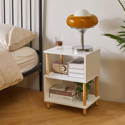 Aibiju White Night Stand with Open Storage Shelf, Wood Nightstand S Shape, Bed Side Table 3 Tier 20 inch high, End Table White/Natural Wood YD-TM152W