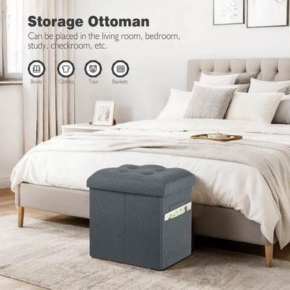 Storage Ottoman, Foot Rest Stool with Thicker Foam Padded Seat. 61L Slim Tall Foldable Linen Footstool Storage Bench Small Ottoman for Living Room, Bedroom. 350lbs Load Capacity, 17x13x17in, Dark Gray