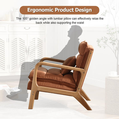 INZOY Mid Century Modern Accent Chair with Wood Frame, Upholstered Reading Armchair with Waist Cushion, Double Padded Accent Chair, Side Chair for Living Room Bedroom Office, Easy Assembly, Brown