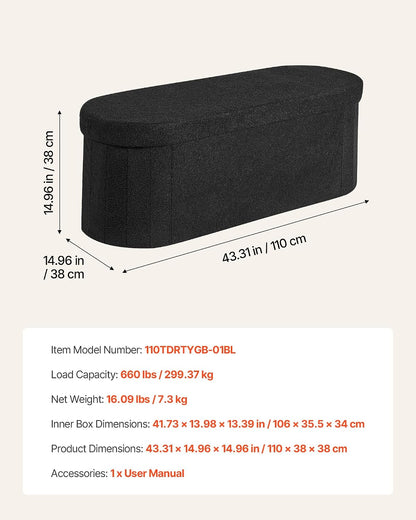 VEVOR Oval Storage Ottoman Bench, Foldable Teddy Fleece End of Bed Bench, Folding Upholstered Bed Ottoman Chest with Large Storage Space, Supports 660 lbs, for Living Room, Bedroom, Entryway, Black