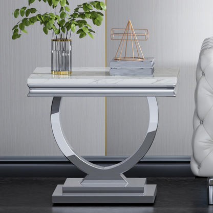 SSLine Modern 4 Piece Living Room Table Set, Includes 1 Coffee Table & 2 End Tables & 1 Console Table, Luxury Faux Marble Coffee Table Set with O-Shape Stainless Steel Base,White Marble& Silver