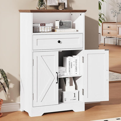 Floor Cabinet, Farmhouse Storage Cabinet with Barn Doors and Drawer, 11.81" D x 23.62" W x 39.37" H White Freestanding Adjustable Shelf Organizer for Bathroom, Kitchen, Living Room