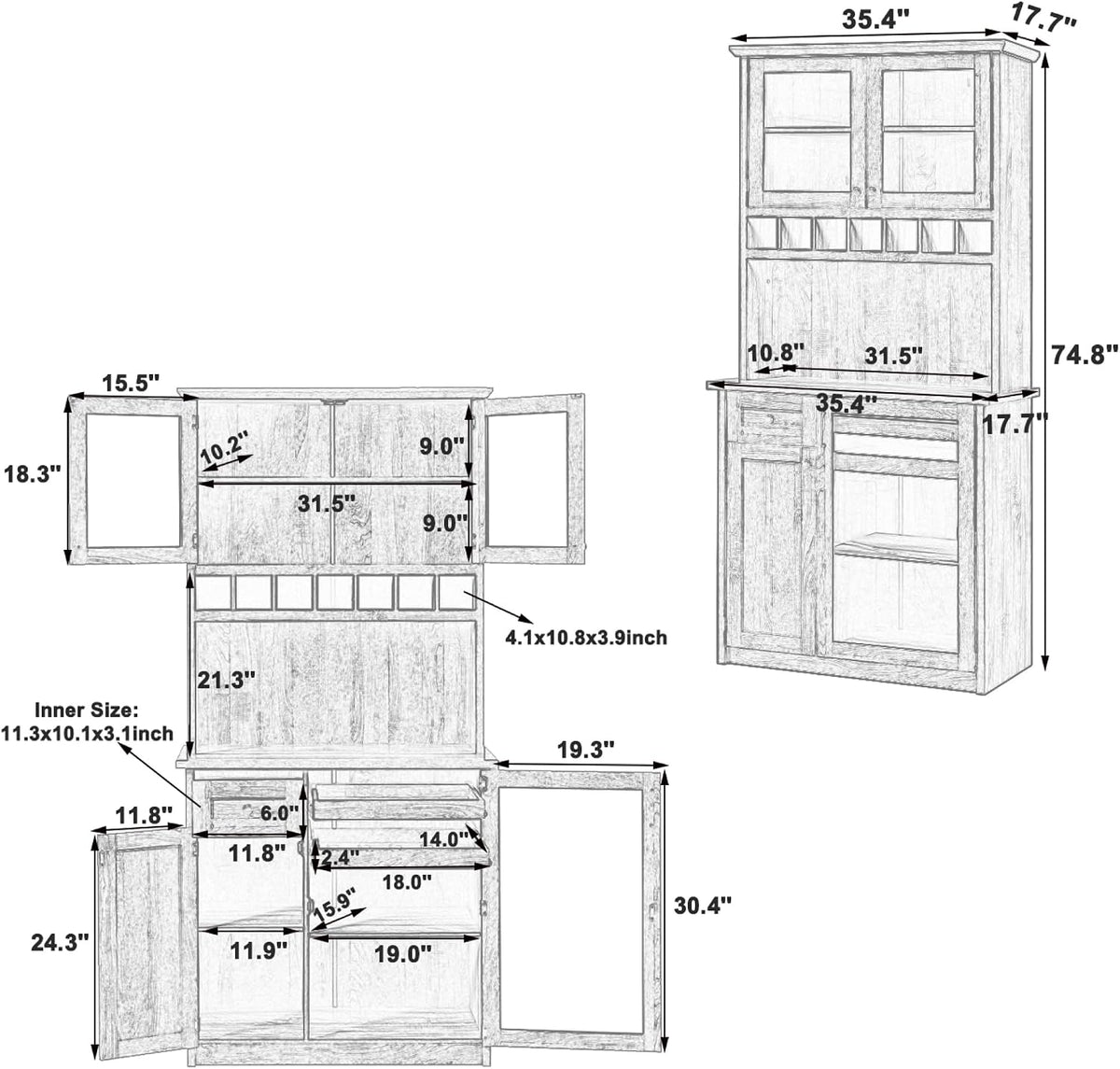 roomfitters Farmhouse Kitchen Pantry Buffet Hutch with Wine Rack and Glass Doors, Tall Storage Cabinet, White