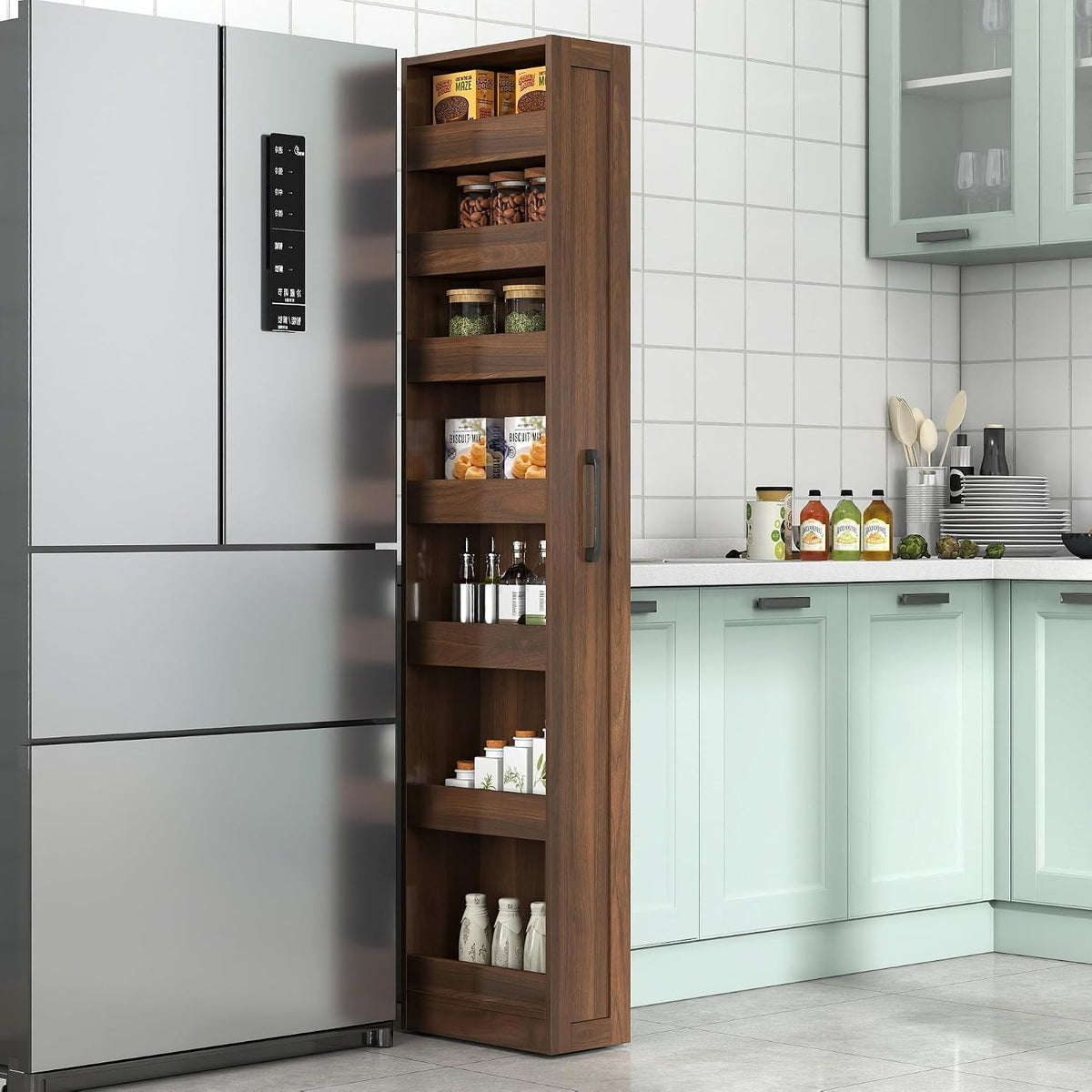 KEIKI 7 Tier Pull-Out Kitchen Pantry Storage Cabinet, Multi-Tier Single-sided Open Shelf, Spice Rack Next to Fridge, Freestanding Wood Hutch Food Pantries Cupboard for Dining Room, Narrow Spaces
