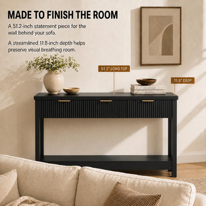 Lulive Fluted Console Table, 51 Inch Entryway Table with 3 Drawers | Scandi farmhouse look with quiet full-extension slides, open lower shelf, profile for hallway, entry, foyer or behind sofa.