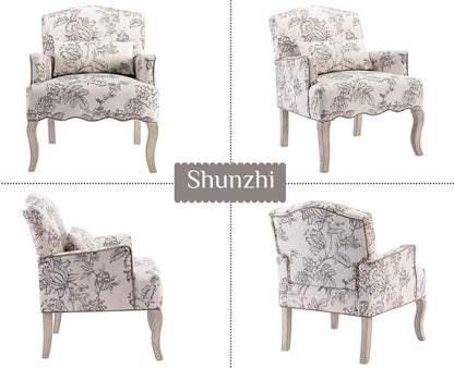 Shunzhi Floral Accent Chairs Farmhouse Upholstered Armchair Linen Reading Chair Mid Century Modern Single Sofa Chair with Pillow for Bedroom/Living Room/Fireplace, Beige, 1PC