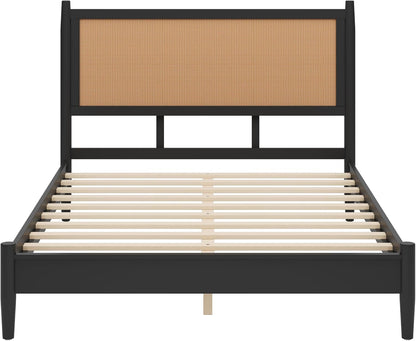 Merax Black Queen Size Platform Bed Frame with Rattan Headboard