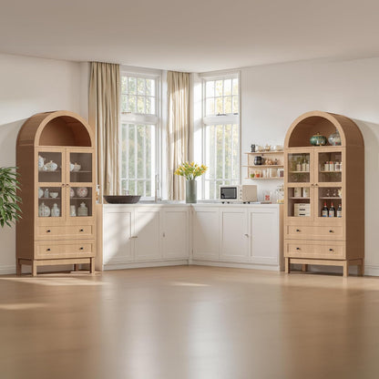 71" Tall Arched Kitchen Pantry, Storage Cabinet with Glass Doors, 2 Large Drawers & 3 Adjustable Shelves, Modern Farmhouse Design for Home Kitchens, Small Homes & Apartments