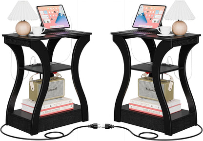 SUPER DEAL End Table Set of 2, Curved Frame Nightstand, Narrow Side Table with Charging Station for Living Room, Bedroom, Small Spaces, 2 USB and 2 Power Outlets, 19.6" W x 11.8" D x 23.4" H, Black