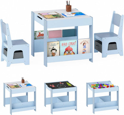 Children's Table with 2 Chairs Wood 3-Piece Furniture Set | Children's furniture set with shelf storage space and 4-in-1 painting table for children from 3 years