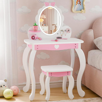 TOLEAD Girls Vanity Set with Lighted Mirror and Stool, Kids Vanity with Storage Space and Bow Pattern for Princess, Toddler Makeup Vanity Desk with Open Shelf and Bracelet Bods, White