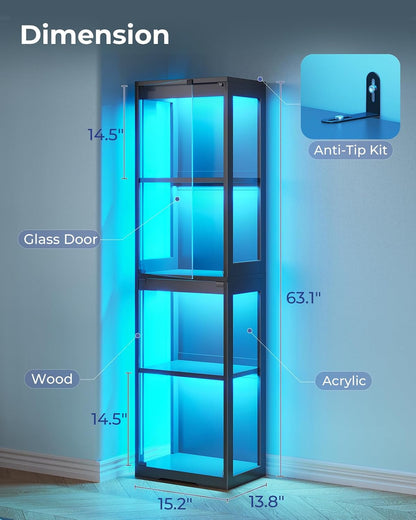 AODK Glass Display Cabinet with Glass Doors, Display Case with RGB Lights