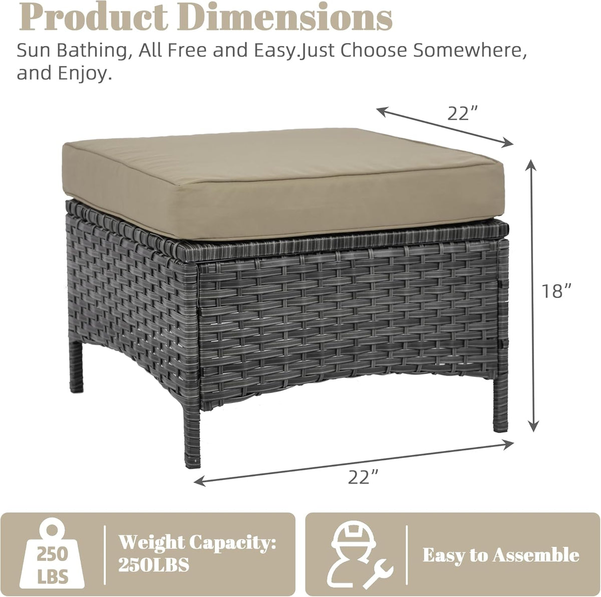 Set of 2 Outdoor Patio Ottomans, All-Weather PE Rattan Wicker Furniture for Backyard Porch Deck Poolside, Sturdy Steel Frame, Khaki
