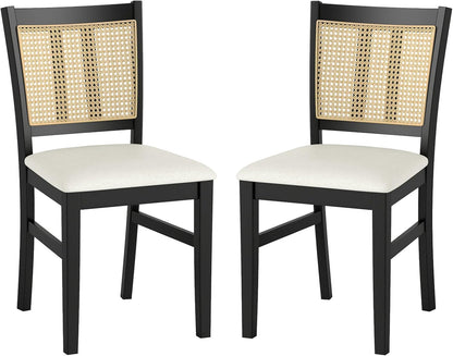 Giantex Rattan Dining Chairs Set of 2, Farmhouse Fabric Upholstered Kitchen Chairs with Rubber Wood Legs, Padded Seat, Cane Back, Country Armless Side Chair for Dining Living Room Restaurant