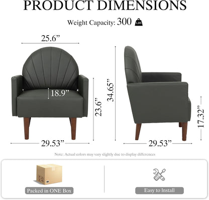 Modern Upholstered Single Sofa Chair，PU Leather Armchair Vanity Chair Shell Back Accent Chair with High Resilience Foam Cushion, Spacious Seating Reading Chair for Living Room Bedroom (Sage Green)