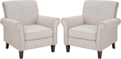 PrimeZone Comfy Accent Chairs Set of 2, Mid-Century Modern Arm Chair, Beige | Soft Cushion, Rolled Armrest, Elegant Nailhead Trim, Sturdy Wood Frame, Ideal for Living Room, Bedroom & Waiting Areas