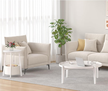 sthmec Small Round Side End Table with Cloth Storage Basket, Round Bedside Sofa Couch Coffee Tables for Small Places with Metal Frame, Modern Nighstands for Living Room Bedroom,White