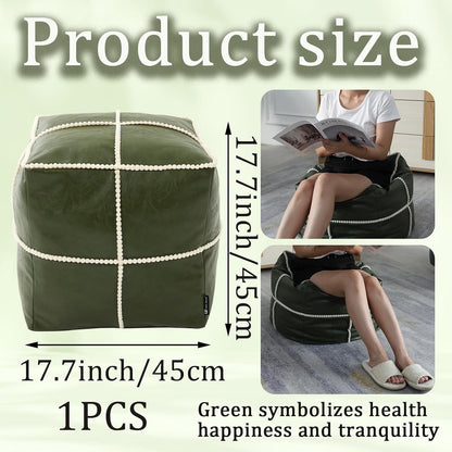 Louis Donné 18 Inch Square Unstuffed Pouf Ottoman Cover, Waterproof Faux Leather Moroccan Boho Footstool, Easy Clean Green Storage Foot Rest Decor for Living Room (Cover Only, No Filler)