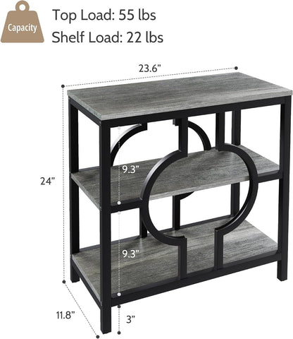 End Table, Narrow Side Table with 3-Tier Storage Shelves, Wood Sofa Side Table with Geometric Metal Frame for Living Room, Industrial Bedside Nightstand for Bedroom (1, Gray)