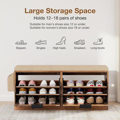 HOMMPA Shoe Storage Bench, Entryway Bench with Shoe Storage & 2 Flip Drawer & Seat Cushion, Rattan Hidden Shoe Rack Bench, Wooden Entry Way Shoe Cabinet for Hallway, Bedroom, Mudroom