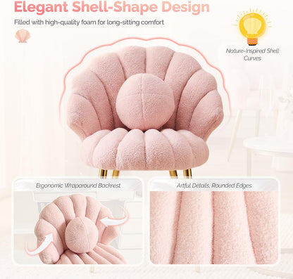 VINGLI Shell-Shaped Teddy Fleece Accent Vanity Chair with Back,Comfy Pink and Gold Desk Chair No Wheels,Cute Small Pearl Deco Pillow,Gift for Girls/Women,for Makeup,Office,Dining,Nail,Sewing,Bedroom