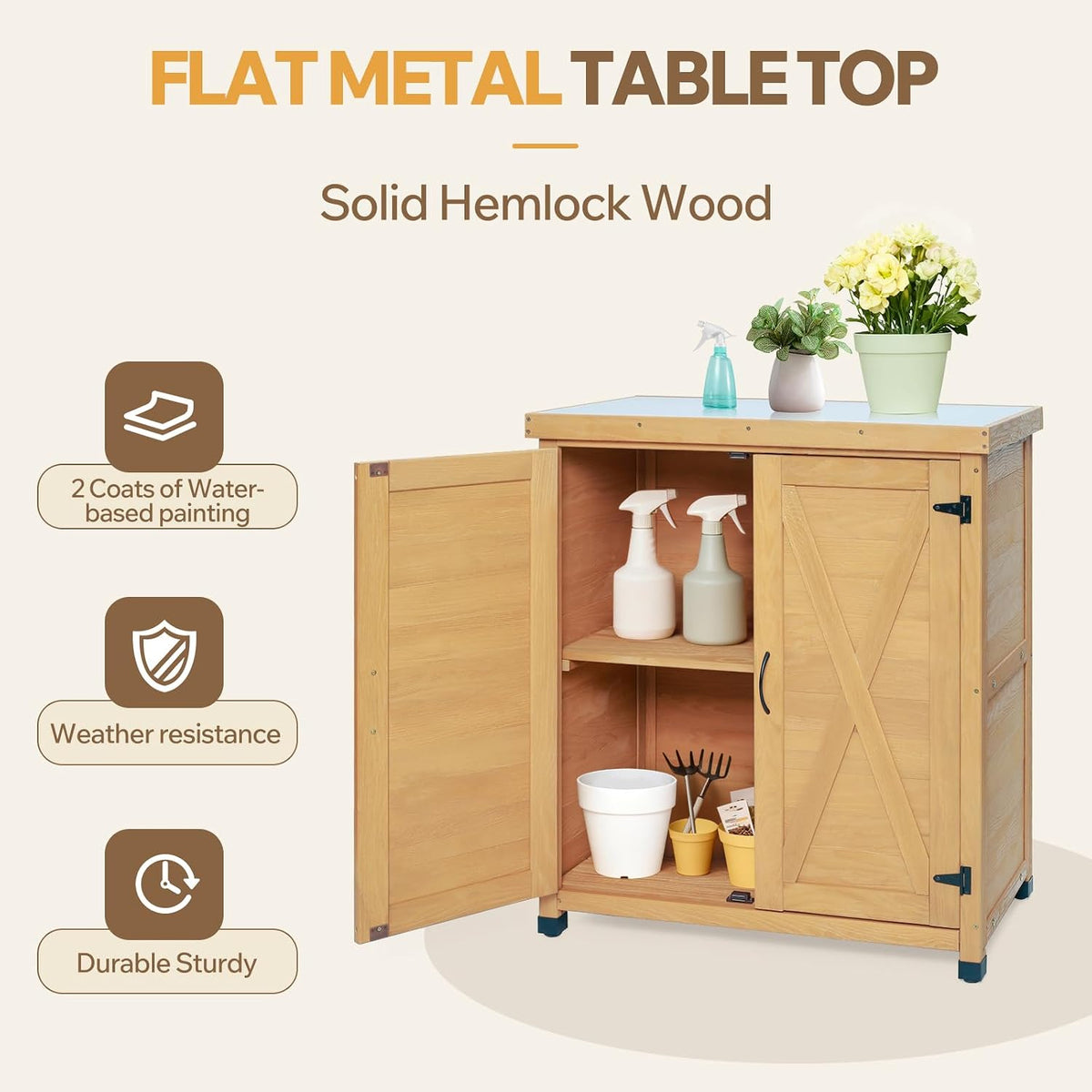 31" Weatherproof Small Storage Cabinet, Storage Cabinets with Sturdy X-Shape Design, Tool Cabinet with Magnetic Door for Patio and Garage, Light Brown