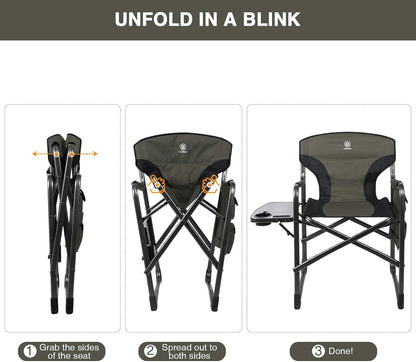 EVER ADVANCED Lightweight Aluminum Director Camping Chair, 350 lb Capacity | 19" Joint-Friendly Seat for Easy Standing with Side Table, Cup Holder & Storage, Ideal for Camping, Makeup Artists, Vendors
