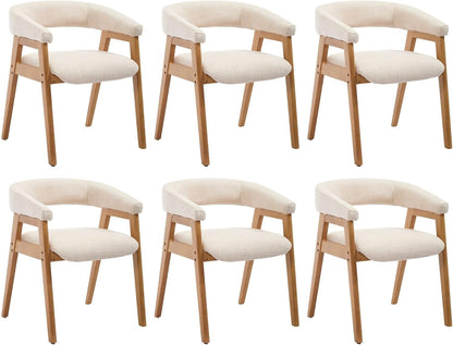 BESTANO Dining Chairs Set of 6, Modern Farmhouse Beige Linen Upholstered Kitchen Chairs with Arms, Solid Wood Legs, Elegant Padded Side Chairs for Home Dining Room