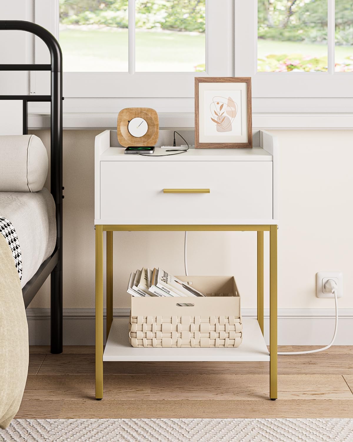 Masupu Nightstand with Charging Station,3-Tier Modern Bedside Night Stand with Storage Drawer and Shelf,Small End Side Table for Bedroom,Living Room,White