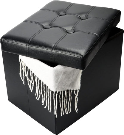 Bsketa Storage Ottoman, Folding Foot Stool with Thicker Foam Padded Seat Small Leather Storage Ottoman Bench Foot Rest for Living Room Foldable Coffee Table 17x13x13in,Black