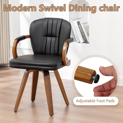 Swivel Dining Chairs Mid Century Modern Black Faux Leather Upholstered Kitchen Chairs with Bentwood Frame Armrests Side Chairs,Comfortable Ergonomic Wood Accent Chair No Wheels,1PCS