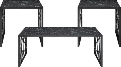 Polay 3pc Stylish Occasional Table Set Marble Print Tempered Glass Top | Features marble print tempered glass tops, metal base with lower shelf for storage. Ideal for modern living room, office