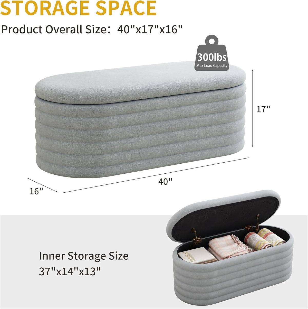 40 inch Upholstered Storage Ottoman Bench,Ready to go,Light Grey