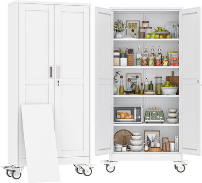 71" H Metal Pantry Storage Cabinet with Wheels,Rolling Kitchen Pantry Cabinet with 2 Doors and 4 Adjustable Shelves, Locker Steel Cabinet,Organization Cabinet for Garage,Home,Gym,School,White