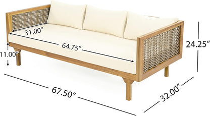 Merax Outdoor Acacia Wood Conversation Set - Patio 3-Seat Loveseat Sofa w/Coushion and Round Coffee Table for Backyard, Lawn, Balcony, Teak+Beige