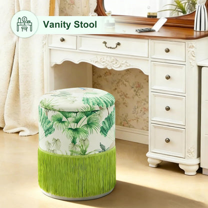 Round Fringe Ottoman with Storage, Farmhouse Tassel Velvet Footrest Stool, Flip Top Vanity Ottoman Chair for Living Room Bedroom