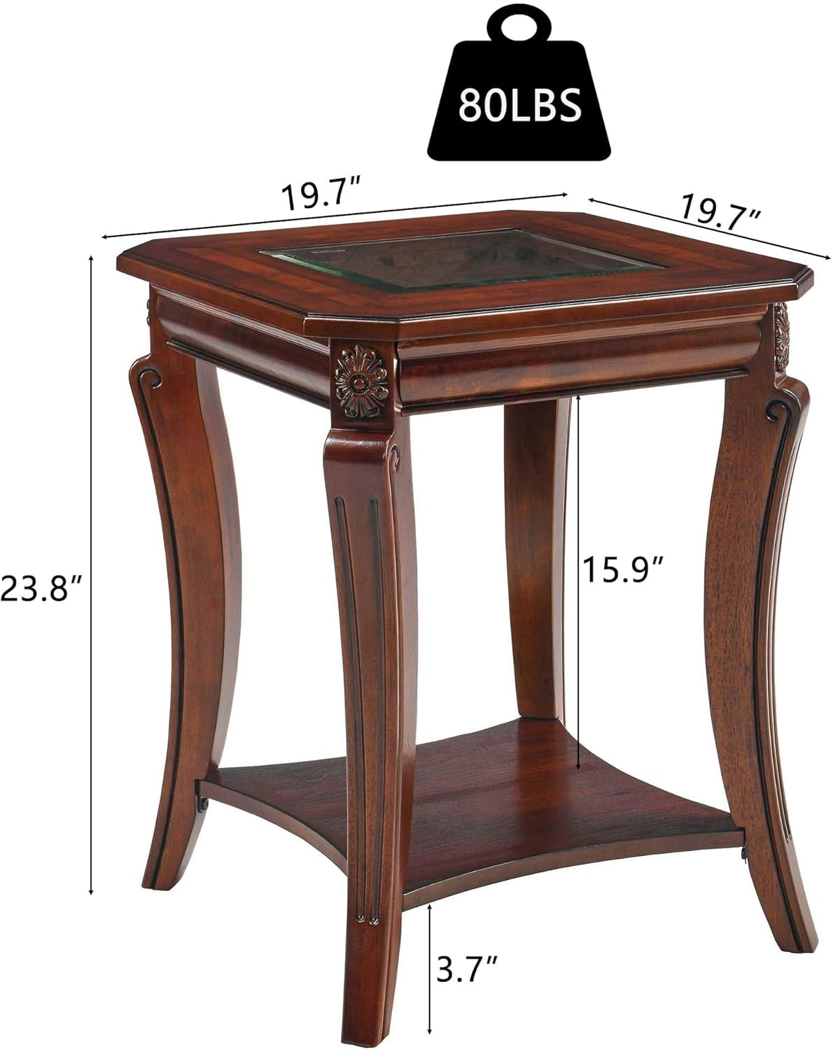 Square High End Side Table with Tempered Glass Top, Farmhouse Sofa Beside Table with Storage Shelf, Living Room Corner Tables with Wood Carved legs, 23.8”H Telephone Tabless, Cherry Brown CJZ-A1168-GT