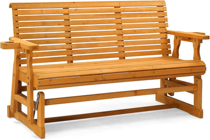 VINGLI Wooden Patio Glider, Heavy Duty 800 LBS Outdoor Glider with Cup Holders, 5 FT Wooden Glider Bench with High Backrest for Garden, Yard, Patio, Teak