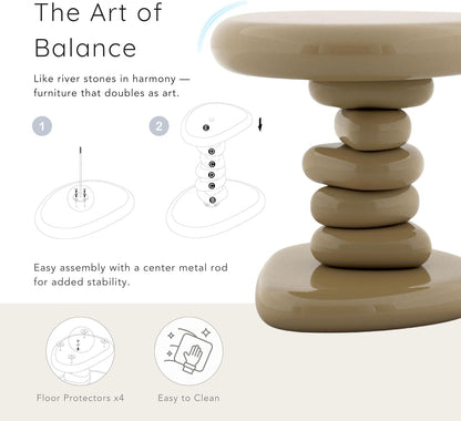 24/7 Shop at Home Kavren Modern 22-inch Oval Glossy Pedestal End Table, Stone Shape Living Room Furniture for Small Space, Ivory
