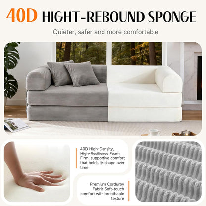 79'' Convertible Sofa Bed, Couch-in-a-Box, Corduroy Floor Futon Loveseat Sleeper, 26'' Deep Seat, Removable Machine-Wash Covers, No Assembly, 2 Pillows, Light Grey