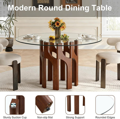 Round Glass Dining Table for 4-6, Modern 46-Inch Kitchen Table with Sturdy Pedestal Base & Clear Tempered Glass Top, Circle Dinner Table for Dining Room, Living Room & Small Apartment (Walnut)