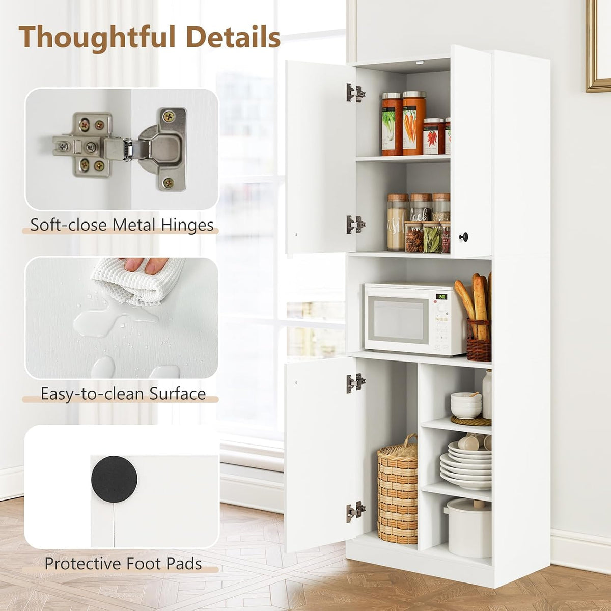 TANGZON Tall Kitchen Cupboard, 3-door Storage Cabinet with Countertop, Open Shelves & Anti-tipping Device, Freestanding Pantry Cupboard Kitchen Units for Dining Room Living Room, White
