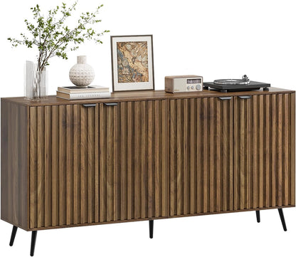 Smuxee 63" Fluted Sideboard Cabinet, Freestanding Walnut Buffet Cabinet with Adjustable Shelf, Wood Storage Cabinet for Living Room, Entryway, Hallway