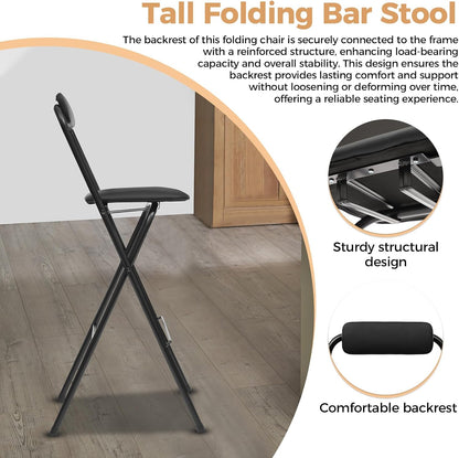 Folding Stool, Cushioned Padded Folding Stool Portable Bar Stool with Back for Camping Kitchen Home Office, Tall Bar Collapsible Stools (Black, 1Pcs 29.53in)