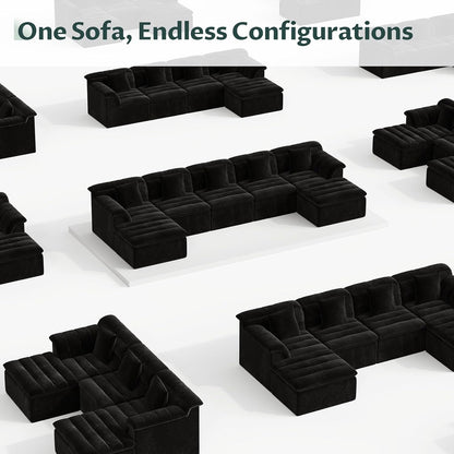 142" Modular Cloud Sectional Couch with Ottoman, Modern Upholstered Compressed Sofa with Deep Seat, Comfy U-Shape Corduroy Couches for Living Room, No Assembly Required, Black
