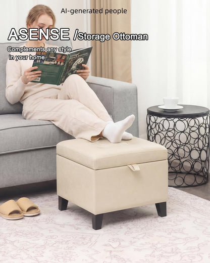 Asense 17 Inch Storage Ottoman Foot Rest,Square Faux Leather Foot Stool,Small Ottoman with Storage,Padded Seat for Entryway,Living Room,Bedroom,Couch,Under Desk,Beige