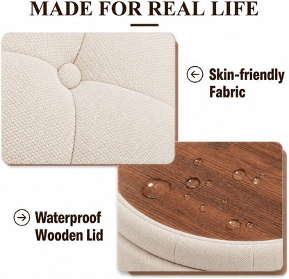 25" Round Ottoman with Storage, Small Coffee Table with Reversible Tray Lid | Tufted Fabric Round Storage Ottoman with Solid Wood Legs, 3-in-1 Footrest for Living Room, Bedroom, Entryway, Camel